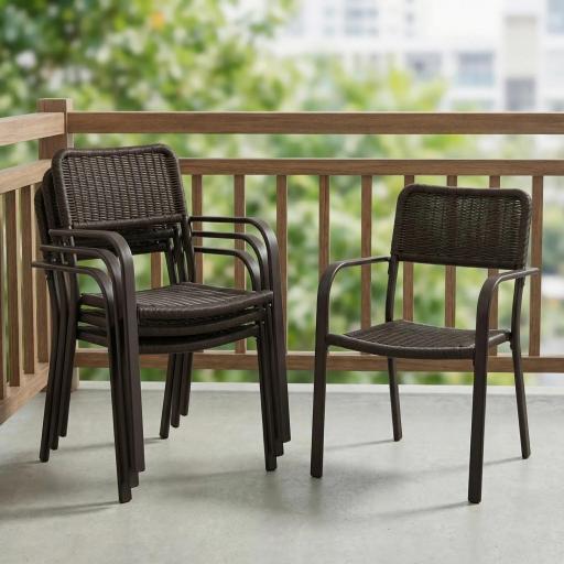 Juego de 4 Sillas de Jardín Exterior Apilables con Reposabrazos Respaldo y Marco de Acero 55x60x83 cm Marrón Oscuro [7]