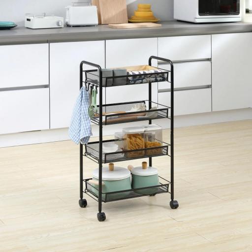 Carrito de Cocina de 4 Niveles Carrito de Almacenamiento con 4 Ganchos Carga 12 kg para Comedor Baño 45x26,5x84 cm Negro
