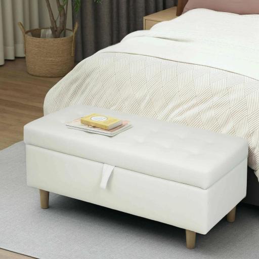 Banco de Almacenamiento Baúl Tapizado de Terciopelo con Patas de Madera Capacidad 71L 100x50x43 cm Blanco Crema
