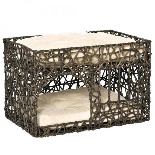 Cesta de Ratán para Gatos de 2 Alturas Cama Cueva de Gatos con 2 Cojines Suaves y Ventana 56x41x45 cm Café Oscuro [4]