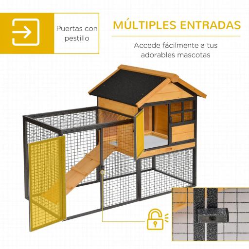 Conejera de Exterior Jaula para Mascotas Pequeñas 2 Niveles con Rampa Bandeja Extraíble de Madera y Metal 122x63x92 cm para Conejos Cobayas Madera y Gris [4]