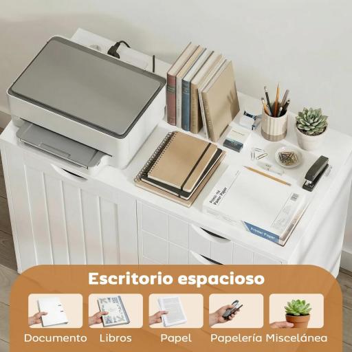 Mueble para Impresora con Estación de Carga y Ruedas 5 Cajones Puertos USB Estante Ajustable Blanco [3]