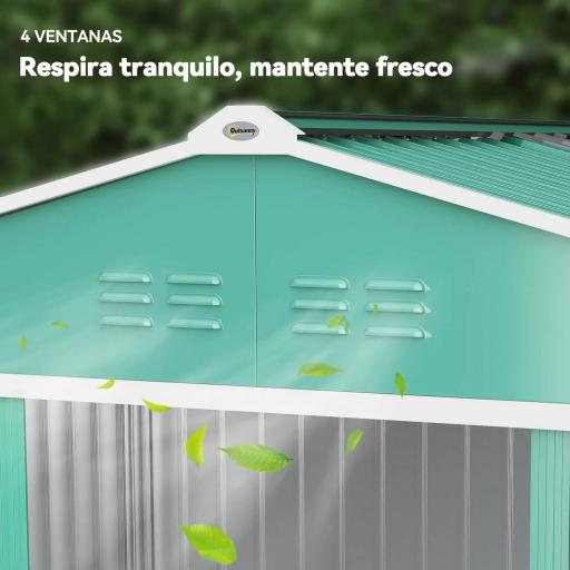Cobertizo de Jardín 4,9 m² 277x195x192 cm con 2 Puertas Corredizas Techo Inclinado y 4 Ventanas Verde [5]