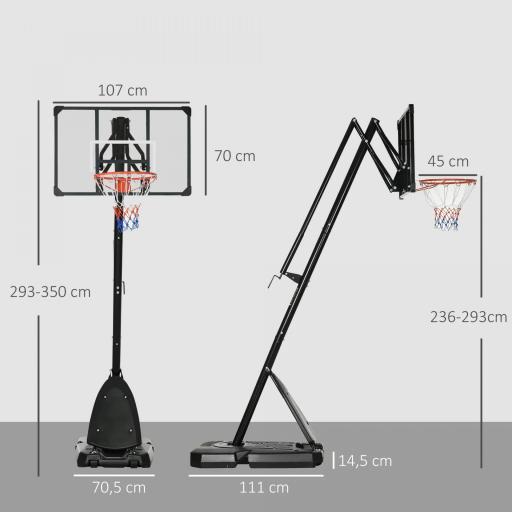 Canasta de Baloncesto Ajustable 236-293 cm con Ruedas Tablero de PC Base Rellenable para Exterior Negro [1]