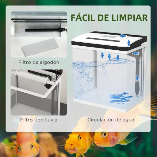 Acuario de Cristal de 13L Pecera Pequeña con Sistema de Filtro Iluminación LED Bomba de Agua 29x20x30,5 cm Blanco [4]