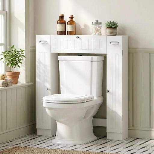 Mueble sobre Inodoro con 2 Armarios Cajón Abatible Portapapeles y Estantes Ajustables 88x18x98 cm Blanco [0]