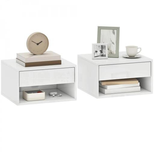 Juego de 2 Mesitas de Noche Flotantes Mesillas de Noche con Cajón y Estante Abierto 37x32x21 cm Blanco Brillante [8]
