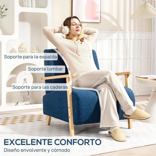 Sillón Nórdico de Borreguito Acolchado Grueso y Patas de Madera Asiento Amplio para Salón Dormitorio 74,5x76x78 cm Azul [6]
