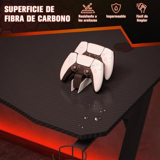 Mesa Gaming 120x65x74,5 cm Escritorio Ergonómico Gaming desk para Computadora PC con Portavasos Gancho para Auriculares y Pies Ajustables Efecto de Fibra de Carbono Negro [4]