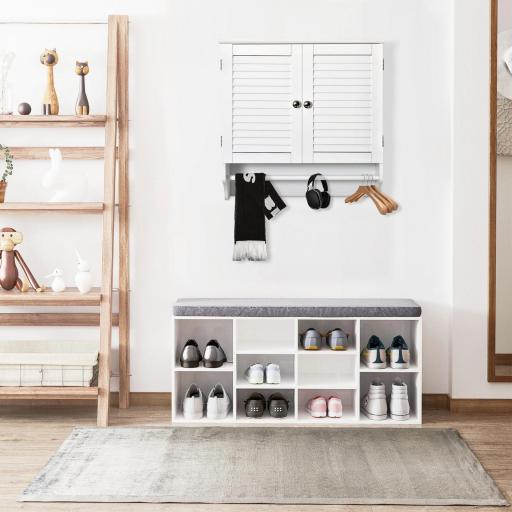 Armario Baño de Pared con 2 Puertas de Persiana Estante Interior y Barra de Toallero Mueble Auxiliar Suspendido Moderno Multiusos para Cocina 60x23x60 cm Blanco [6]