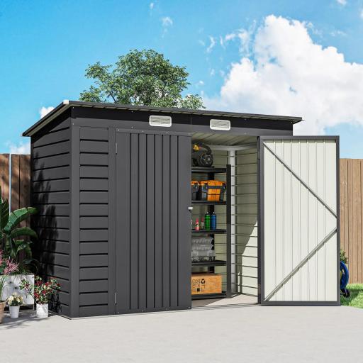 Caseta de Jardín Exterior 2,7m² 249x121x183 cm con Doble Puerta 2 Ventilaciones y Pestillo Gris [6]