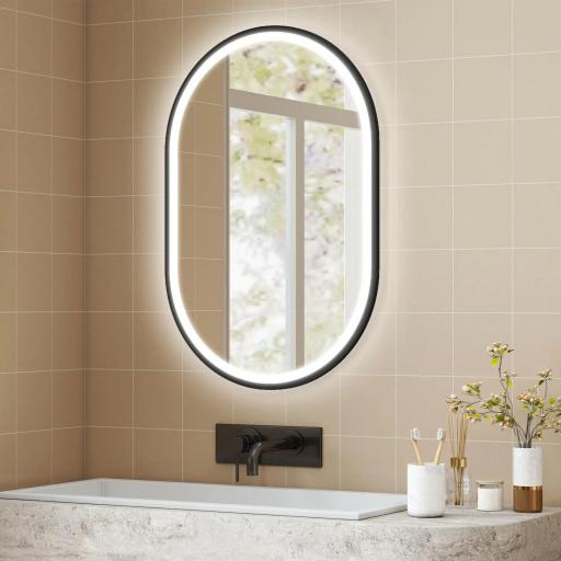 Espejo de Baño con Luz 60x90 cm Espejo de Pared Ovalado 3 Colores de Luz Brillo Regulable Función Antivaho Negro [1]