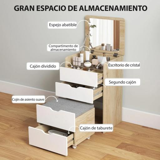  Tocador de Maquillaje 3 en 1 con Taburete Oculto y Espejo Abatible Mesa de Maquillaje de Vidrio Visible Roble y Blanco [5]