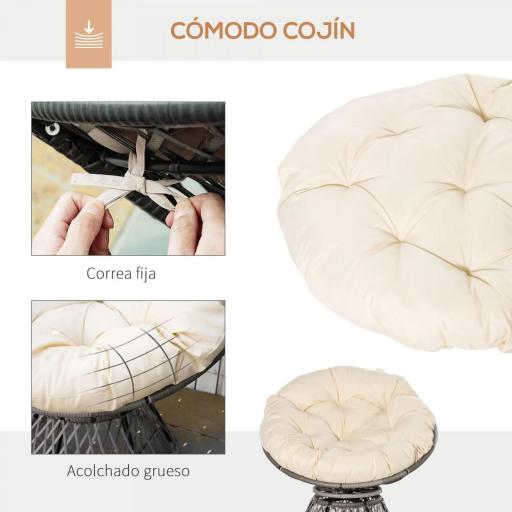 Sillón Papasan Giratorio de Ratán Sintético con Cojín Carga 160 kg para Exterior Jardín Terraza 87x97x86 cm Gris y Crema [2]