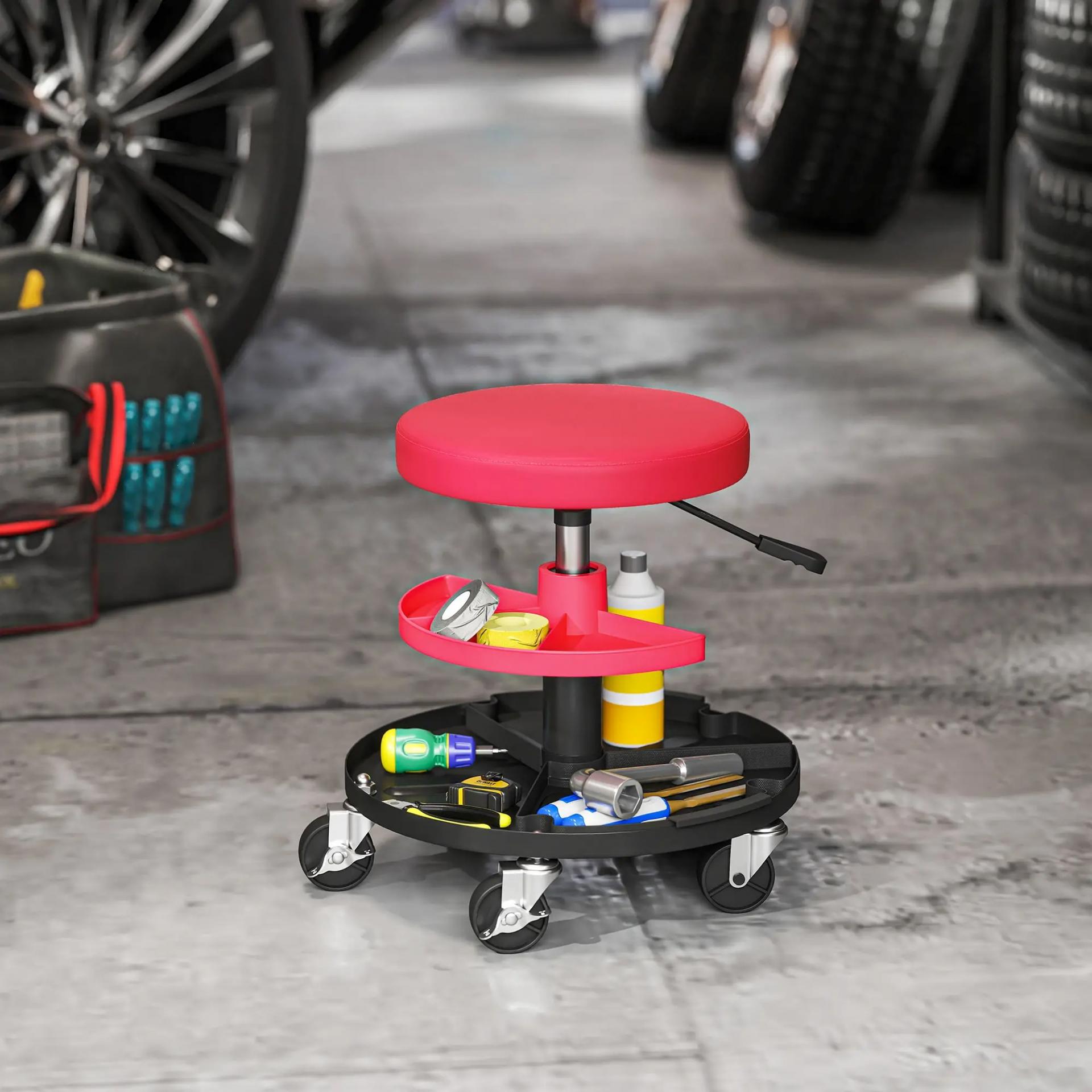 Taburete de Taller Giratorio con Ruedas Altura Ajustable de 40-51 cm y 2 Bandejas Carga 135 kg para Garaje Rojo