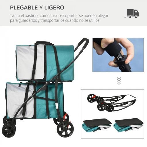 Cochecito Doble para Perros Gatos Plegable con 2 Transportines Extraíbles con Cinturón y Cojines 66x50x98cm Verde y Gris [7]