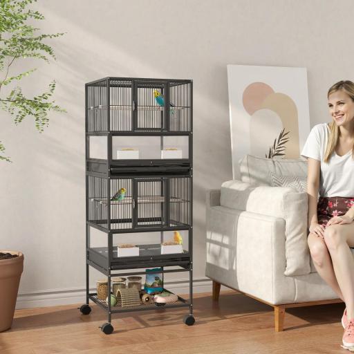 Jaula para Pájaros de 2 Niveles con Paneles Acrílicos Comederos Perchas Ruedas y Estante Inferior 48x46x134,5 cm Negro