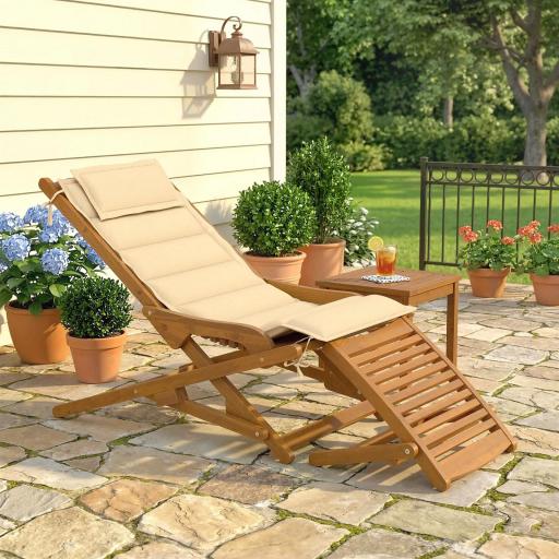 Tumbona Silla Plegable de Madera con Reposapiés Desmontable y Cojín con Reposacabezas Carga 160 kg 158x61x70 cm Beige