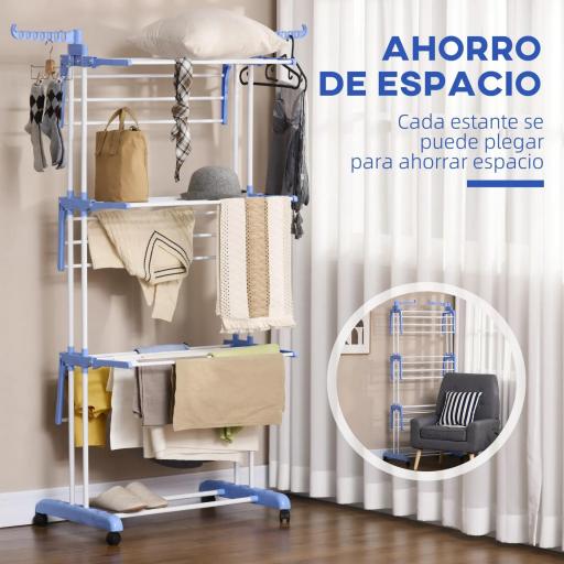 Tendedero Vertical Plegable con Ruedas Tendedero de Ropa de 3 Niveles con Alas Plegables 73x64x172 cm Azul y Blanco [7]