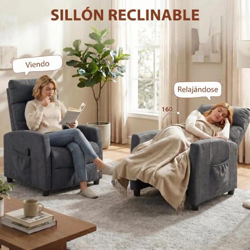 Sillón de Masaje Reclinable con Reposapiés 2 Zonas de Masaje Respaldo Alto Bolsillos Tapizado en Chenilla Gris [7]