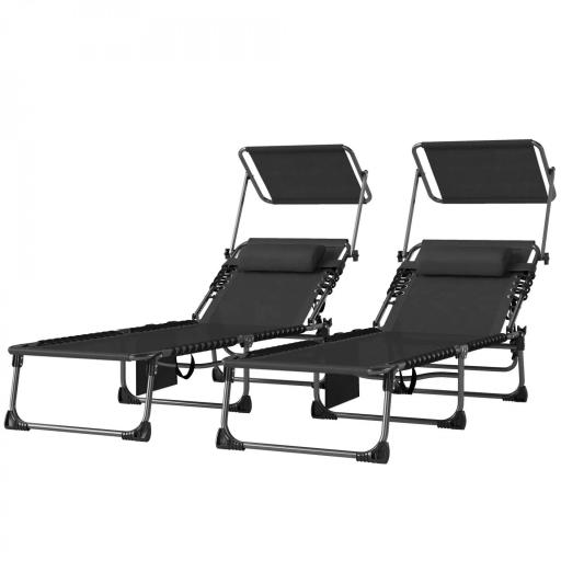 Set de 2 Tumbonas Plegables con Reposacabezas Parasol Bolsillo Lateral y Respaldo Reclinable en 5 Posiciones Negro [10]