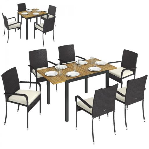 Conjunto de Mesa y Sillas Jardín de Ratán 7 Piezas con Mesa Extensible con Tablero Madera y 6 Sillas Apilables Cojines [9]