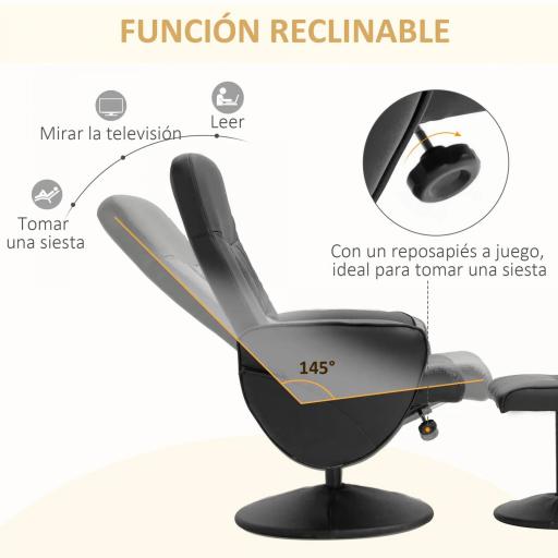 Sillón de Relax con Reposapiés Respaldo Reclinable hasta 145° para Salón Dormitorio Oficina 76x81x101 cm Negro [2]