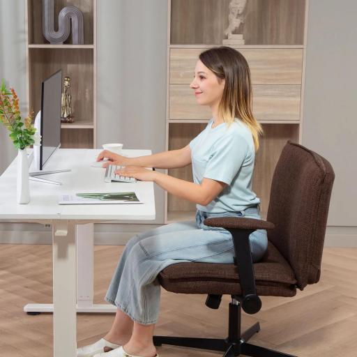Silla de Oficina Piernas Cruzadas con Reposabrazos Abatible Asiento Ancho sin Ruedas Altura Ajustable Giratoria Marrón [6]