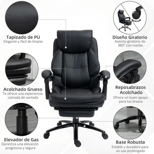  Silla de Oficina Ergonómica Silla de Escritorio Ajustable en Altura con Respaldo Inclinable hasta 130° Función Basculante y Resposapiés Retráctil Acero 65,5x79x112-118 cm Negro [3]