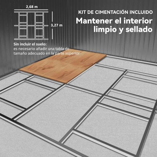 Cobertizo de Jardín 12,4 m² 340x386x200 cm con 2 Puertas Corredizas Base Refuerzo (Suelo NO Incluido) Gris Claro [4]