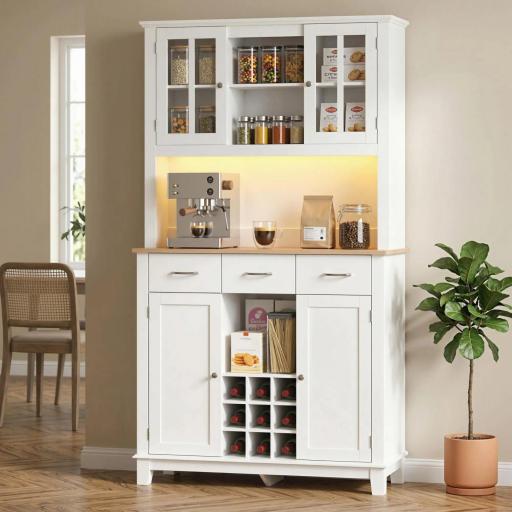 Alacena de Cocina con Iluminación LED Control por APP Encimera para Microondas Botellero Puertas de Vidrio Blanco