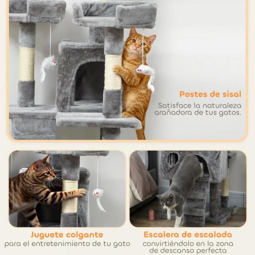 Árbol Rascador para Gatos Árbol para Gatos 153 cm con 2 Cuevas 3 Camas 2 Rampas Postes de Sisal Ratones Colgantes Gris [4]
