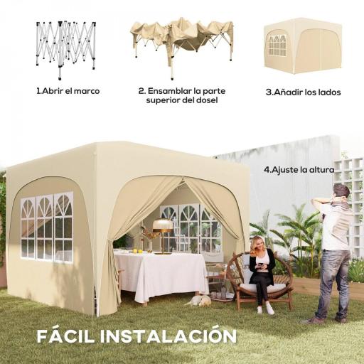 Cenador Plegable 3x3 m Gazabo con Paneles Laterales UPF50+ Altura Ajustable y Bolsa de Transporte Arena [6]