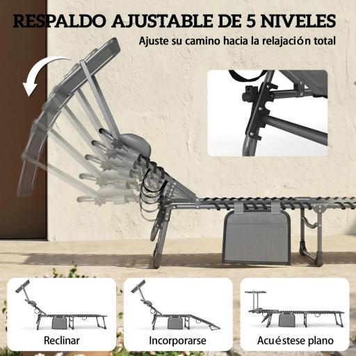 Set de 2 Tumbonas Plegables con Reposacabezas Parasol Bolsillo Lateral y Respaldo Reclinable en 5 Posiciones Gris [3]