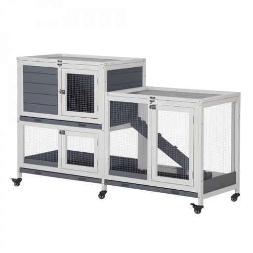 Conejera de Madera con Ruedas 147x45,5x88,5 cm Jaula para Conejos de 2 Niveles con Techo Abrible 2 Corrales de Metal 3 Bandejas Extraíbles 3 Puertas con Pestillo y Rampa Gris [9]