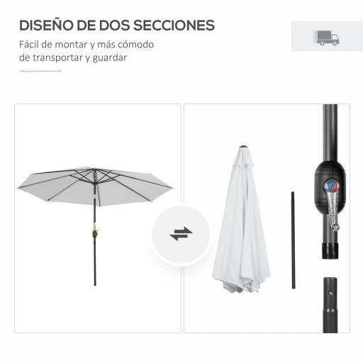 Sombrilla de Jardín Ø300x250 cm con Manivela Parasol Exterior con Mecanismo de Inclinación y Poste Desmontable de Metal para Terraza Piscina Patio Blanco [3]