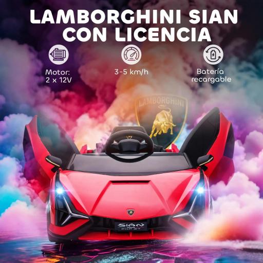 Coche Eléctrico para Niños de +3 Años Lamborghini SIAN Coche de Batería 12V con Mando a Distancia Apertura de Puerta Música MP3 USB y Faros 3-5 km/h 108x62x40 cm Rojo [6]