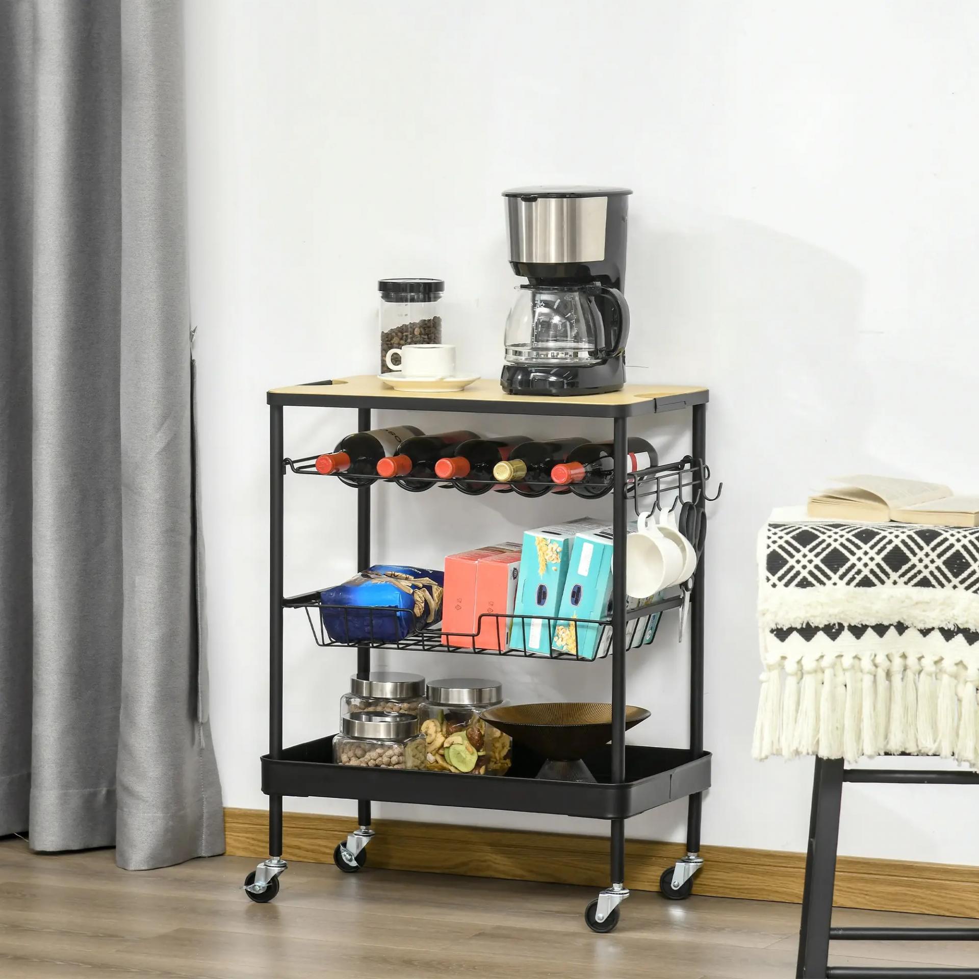 Carro de Cocina con Ruedas Carrito de Servicio Multiuso con Botellero Cesta Extraíble Bandeja 60,5x35,5x75 cm Negro