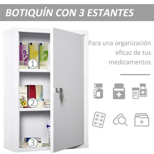 Botiquín de Pared de Metal con 3 Estantes y Cierre con Llave Armario de Medicamentos 40x18x60 cm Blanco [7]