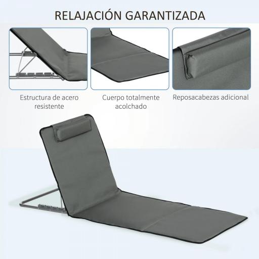 Set de 2 Esterillas de Playa Plegables 124x53x45 cm con Respaldo Ajustable y Reposacabezas Esteras de Playa Portátil de Tela Oxford Acero con Bolsa de Transporte para Balcón Jardín Gris [3]