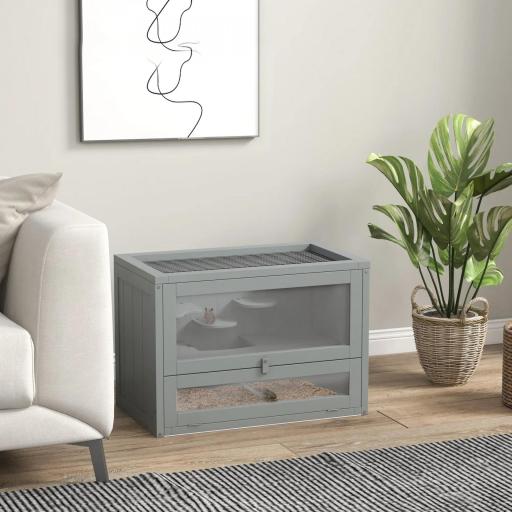 Jaula para Hámster de Madera de 2 Niveles Casa para Animales Pequeños con Plataformas Escaleras 60x35x42 cm Gris [0]