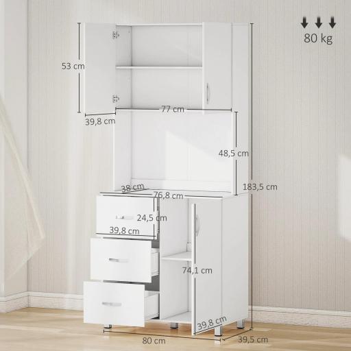 Armario de Cocina Moderno Aparador de Comedor con 3 Cajones 3 Puertas y Estantes Ajustables 80x39,5x183,5 cm Blanco [1]