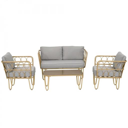 Conjunto de Jardín de Ratán Sintético con Sofá Doble 2 Sillones y Mesa de Centro con Encimera de Cristal y Cojines [8]