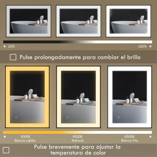 Espejo de Baño con Luz LED 80x60 cm con 3 Colores de Luz Función Antivaho Función de Memoria IP44 Horizontal/Vertical [2]