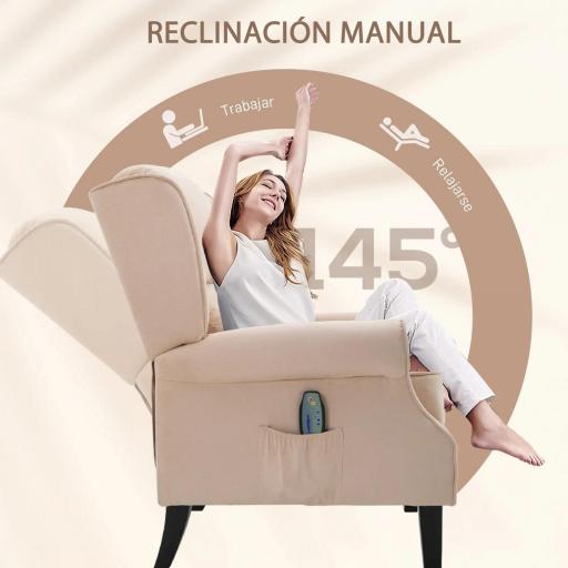 Sillón de Masaje Reclinable con Mando a Distancia 2 Zonas de Masaje y Tapizado en Tejido de Ante 78x83x101 cm Crema [3]