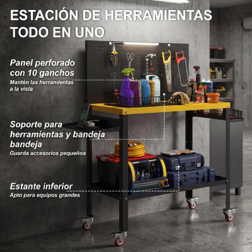 Banco de Trabajo con Panel Perforado Mesa de Trabajo con Enchufes Luz LED Ruedas Marco de Metal Negro y Amarillo [6]