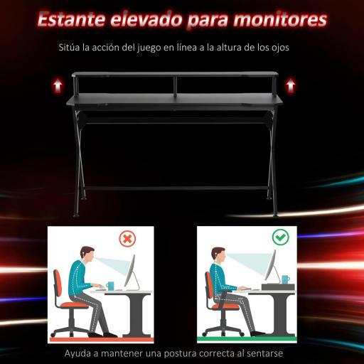 Mesa Gaming 140x60 cm Escritorio para Computadora PC con Estante Elevado para Monitor Gancho para Auriculares Negro [4]