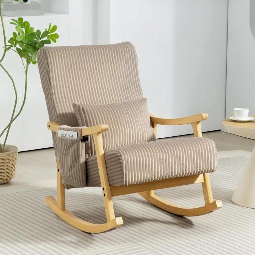 Silla Mecedora de Pana con Cojín Lumbar Patas y Reposabrazos de Madera de Caucho Bolsillo Estilo Moderno Marrón Claro