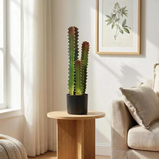 Cactus Artificial 66 cm Planta Artificial Decorativa con Maceta y 3 Hojas para Decoración del Interior Verde [3]