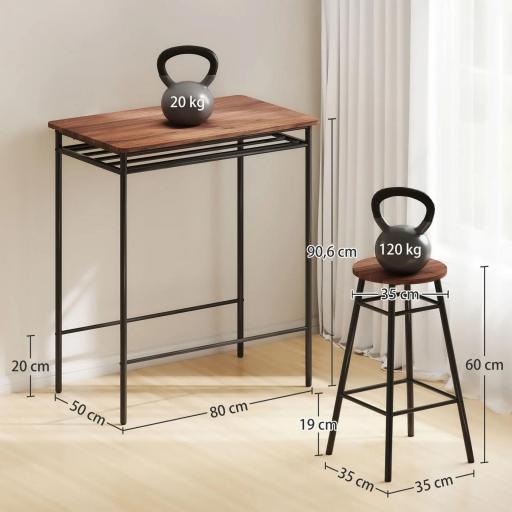 Mesa Alta de Cocina con 2 Taburetes Industrial Estante Abierto Reposapiés Ahorro de Espacio para Espacios Reducidos [1]